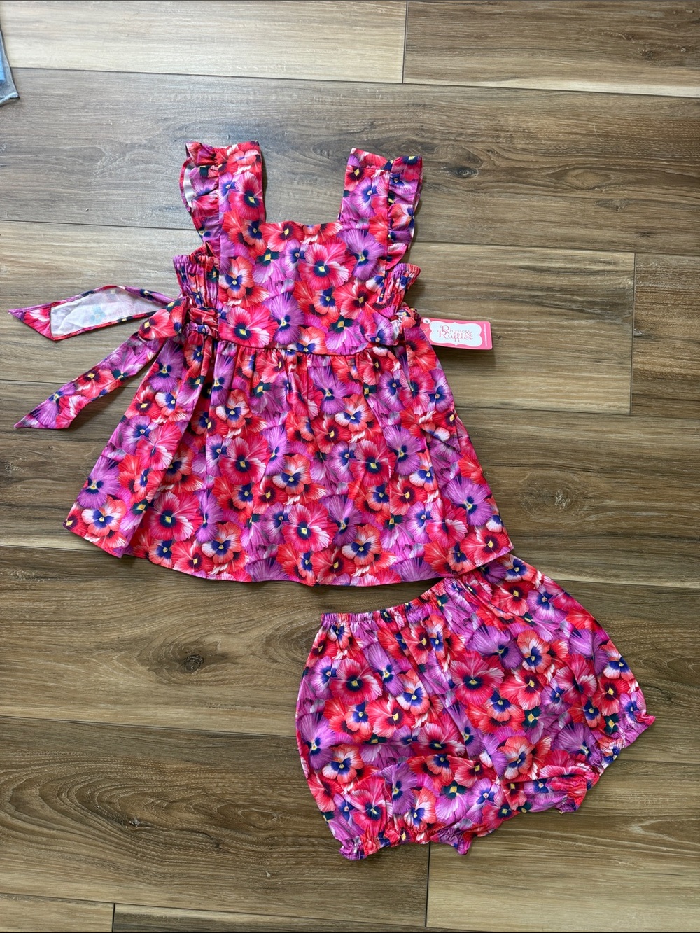 Ricrac & Ruffles Floral Ruffle Tank Set in Fuchsia and Red